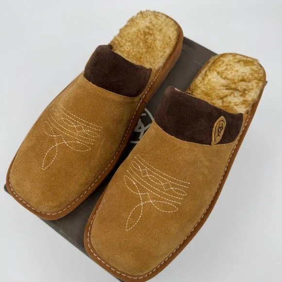 Ariat Mens Brown Leather Western Stitch Faux Fur Lined Scuff Slippers AR2842-200